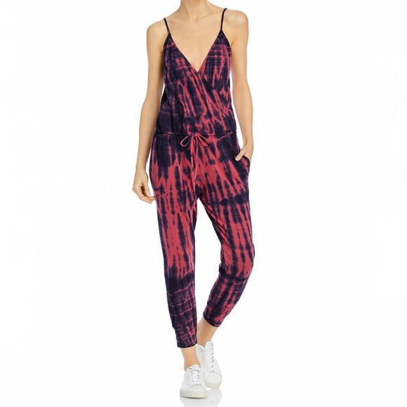 Sundry Jogger Jumpsuit Women V-Neck Sleeveless Tie Dye Drawstring Waist Red Navy - Picture 1 of 8